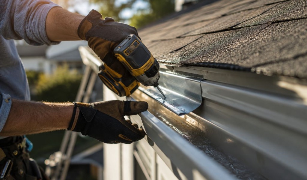 Technician drilling a hanger to secure a white gutter during repair