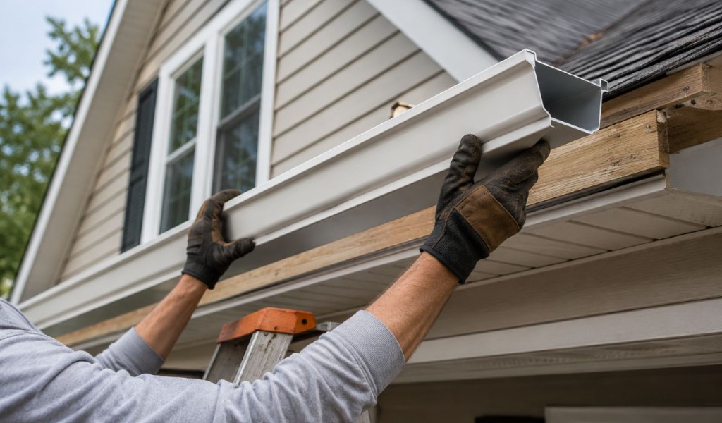 Technician lifting a white gutter section during replacement on a South Florida home