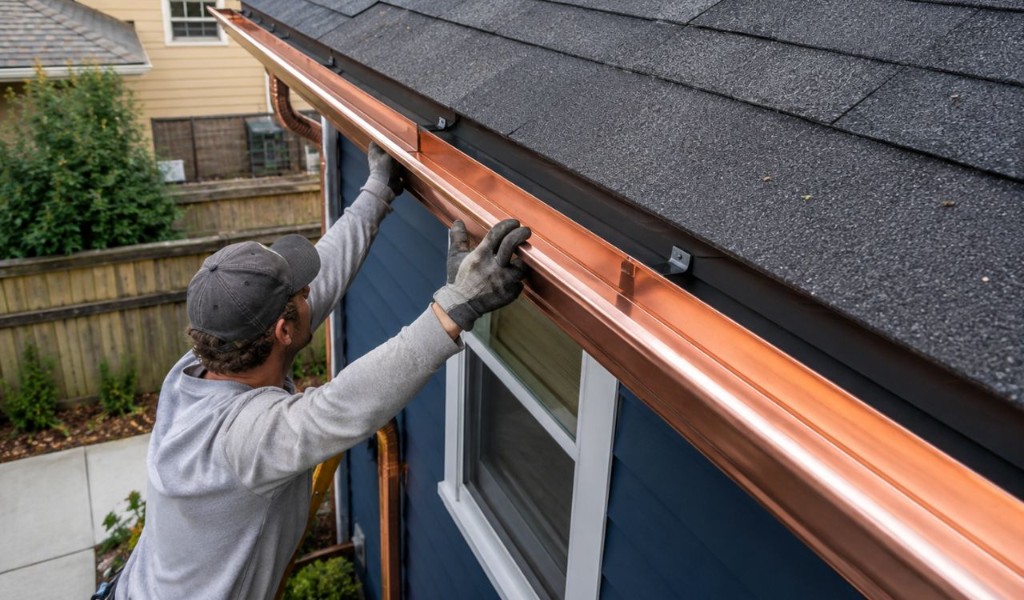 Copper gutter replacement installation on a blue-sided South Florida home